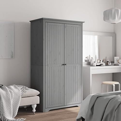 Hommdiy Kleiderschrank Garderobenschrank mit Kleiderstange Türen, Schlafzimmerschrank Schrank mit Stauraum, Holzschrank Flurschrank BODO Grau 99x53,5x173 cm Massivholz Kiefer