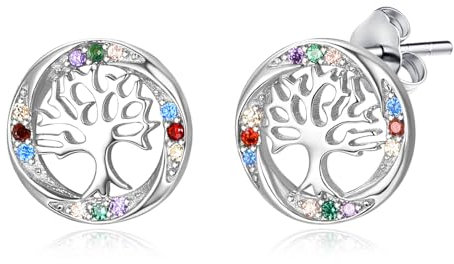 TANGPOET Pendientes de árbol de la vida para mujer 925, diseño de árbol genealógico para niñas, regalos de cumpleaños para ella, redondos, Circonia cúbica
