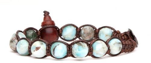 Tamashii Original tibetisches Unisex-Armband aus Naturstein Larimar und brauner Kordel. Einheitsgröße BHS900-297, Baumwolle, larimar
