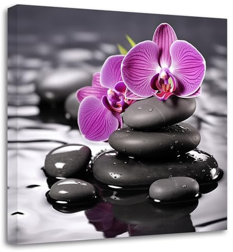 LZIMU Zen Leinwandbilder lila Orchidee Blumen und Kieselsteinbild Meditationsgemälde Yoga Drucke Spa Kunstwerk Badezimmer Wanddekoration Gerahmt(Bild-1, (30.00 x 30.00 cms))
