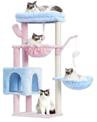 Heybly Cat Tree, 39.4 Inches Tower Condo with Scratching Post, Cat Tower for Indoor Cats, Fully Wrapped Sisal Pole, Soft Platform, 2 Baskets and Dangling Toy, Blue and Pink HCT006SBP
