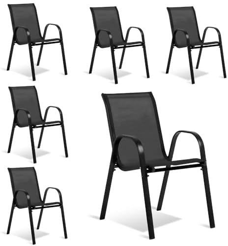 TERRE JARDIN - Chaises de Jardin, Lot de 6 - Chaises Empilables - Noires, en Textilène Haute Densité pour Extérieur - Confortables et Design - - Noir