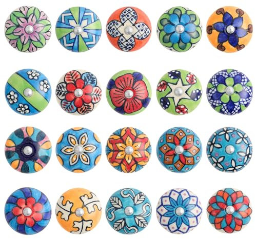 GlobeCraft Set or 20 Ceramic knobs for cupboards. Furniture knobs for cabinets, Dresser. Vintage Door knobs for Drawers. Each knob is Unique and it is Hand Painted.