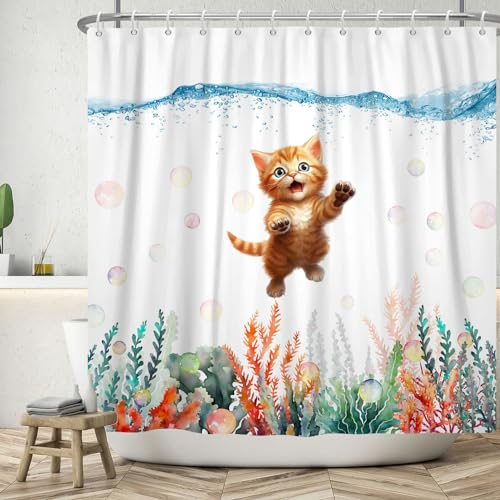 ASDCXZ Duschvorhang Katze 180x200 cm, Lustig Niedlich Katze Sommer Aquarell Bunt Ozean Koralle Blasen Waschbar Bad Duschvorhänge Polyester Textil Wasserdicht Duschvorhang für Badewanne mit 12 Haken