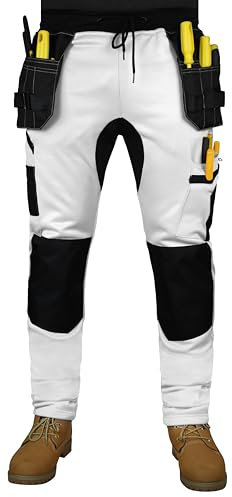 HASHOOB TRADING FZE Mens Fleece Painter Work Trousers with Utility Holster Pockets Decorators White Cargo Combat Pants (WFSN-WHITE1, XL)