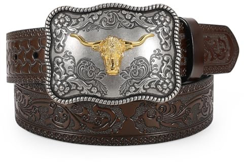 WERFORU Herren Western Kunstleder Gürtel mit Abnehmbarer Schnalle Cowboy Kunstleder Gürtel für Jeans Hosen Kaffee