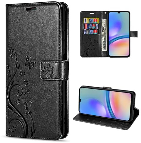 Hülle Kompatibel mit Samsung Galaxy A05s | Premium PU Leder Handyhülle Wallet Case für Galaxy A05s | Schutzhülle Blumen Klapphülle Handyhülle | Schwarz