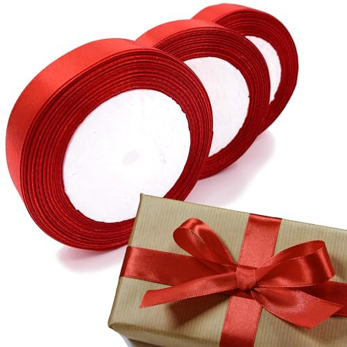 LLMtn 66 Mètres Lot de 3 Rouleaux de Ruban de Satin Rouge 2 cm x 22 m pour Décoration de Cadeau de Mariage, de Baptême et d'anniversaire