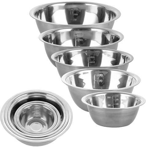 ASelected 5 Piece Stainless Steel Mixing Bowl Set with Measurement Markers,5 Sizes Multipurpose Soup Basin Space Saving Nesting Bowls for Baking Cooking Serving Food/Salad(0.5L,0.9L,1.6L,2.1L,2.6L)