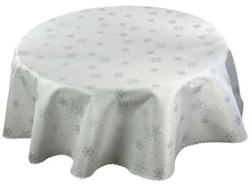 Weihnachten Tischdecke Jacquard Feierlich Fleckenresistente abwaschbar, Viele Größen (Silberne Schneeflocken, 120 cm RUND)