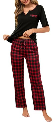 Bresdk Ensemble de Pyjama Femme Coton Vêtements de Nuit Haut à Manches Courtes de Couleur Unie Bas de Pyjama à Carreaux 2 Pièces, Noir/Rouge, S