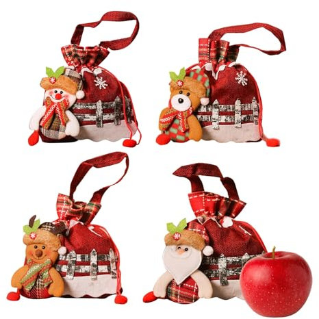Esshogo 4 Stück Geschenktüten Weihnachten, Kordelzug Tasche, Niedlicher Weihnachtsmann Santa Weihnachtssack, Weihnachtsbonbon Tüte, Heiligabend Tote Apfeltasche