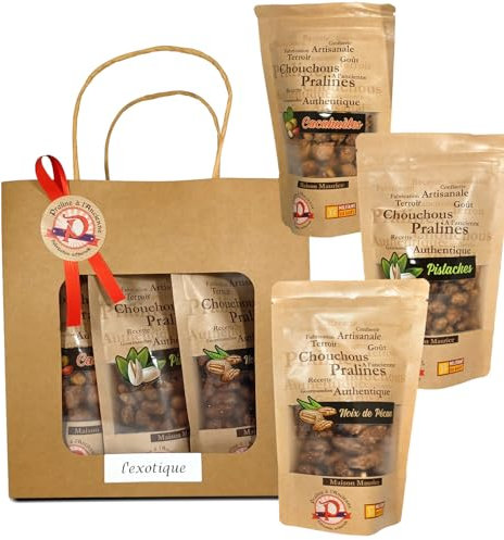 Pralines à l'Ancienne – Caja de regalo de Pralines «L'exotique» – Cochus dulces artesanales – 3 bolsas de regalo – Cacahuetes, Pistachos, Pecan – Fabricado en Francia