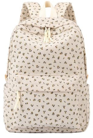 Schulrucksack für Mädchen, Kord, Büchertasche, 40,6 cm, Grundschule, Vorschule, für Teenager, Jungen, Mädchen, Reisen, lässiger Tagesrucksack, Flora, Beige, Einheitsgröße, Rucksack