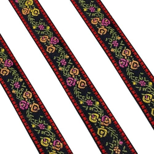 CABODYALS Ca. 45.72 m 25mm Schwarzes Und Rotes Florales Jacquard Band Vintage Nylon Ethnische Stickerei Boho Bänder Gewebte Blumenspitze Stoff Zum Nähen Basteln DIY Verzierungszubehör