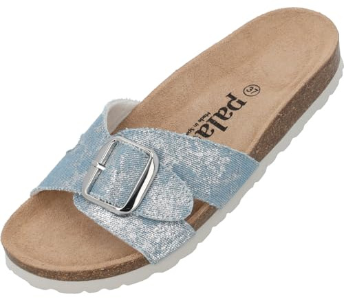 Palado Damen Pantoletten Tinos Jeans – elegante Sandalen Made in Spain - bequeme Hausschuhe mit Kork-Fußbett - modische Sommerschuhe