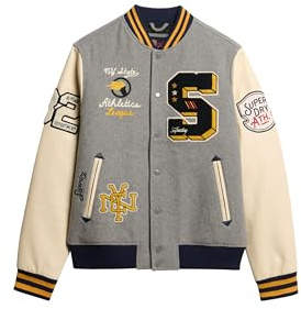 Superdry Herren College Patched Bomberjacke lockere Passform Grau Meliert XL