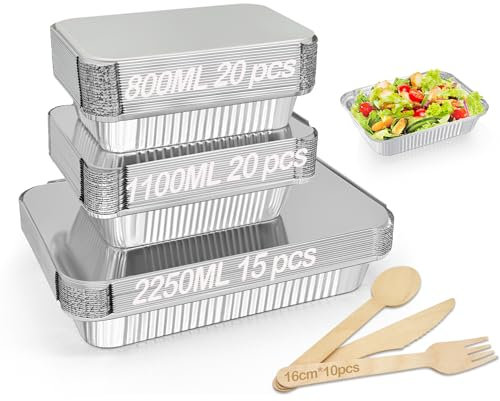 RUIXUE 55 Pieces Disposable Aluminium Foil Trays, 2250ml, 1100ml and 800ml Multi-Size Reusable Aluminium Dishes for Cooking and Roasting.