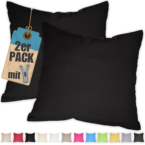 2er Pack Kissenbezug 35x35 cm Schwarz Baumwolle Kissenhüllen | Doppelpack, Reißverschluss verdeckt, waschbar, atmungsaktive Baumwoll-Mischgewebe (85% BW, 15% Poly), Kopfkissenbezug