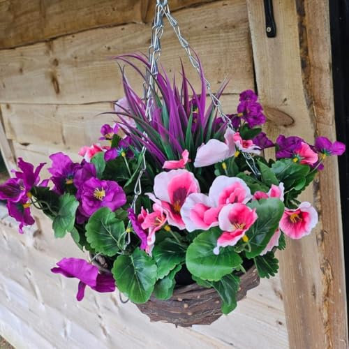 Best Artificial Cesta colgante de pensamiento de 10 pulgadas, apta para uso en exteriores, resistente a la intemperie (rosa y morado)