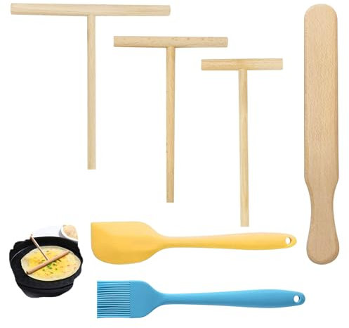 Set of 6 Crepes Accessories Set of 3 Beech Wood T-Shape Dough Distributors (9/12/18 cm) Beech Wood Pancake Turner Silicone Spatula and Silicone Brush for Crepes Pancakes
