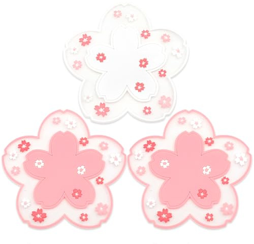 2-Pack Sakura Cherry Blossom Coasters – Cute Kawaii Pink & White Flower Cup Mats, Anti-Skid PVC Drink Coasters for Desk, Table, Tea Mug – Aesthetic Home & Office Decor
