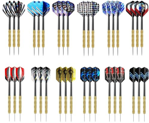 GOEDCH Dartpfeile mit Metallspitze: 36 Stück Profi Steeldarts, Dartpfeile Steeldart, 36 Stück Steel Darts Pfeile Set, 14 Gramm Profi Steeldarts mit Metallspitze, Motive Dart Flight für Hobbyisten