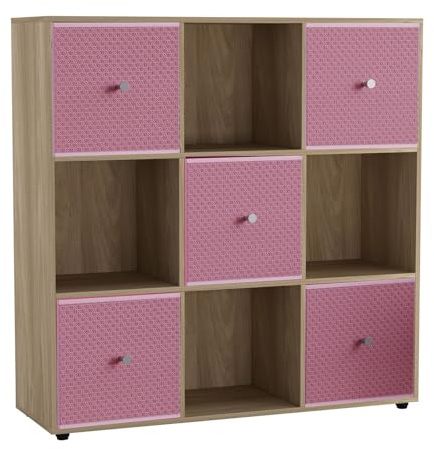 URBNLIVING 9 Cube Storage Unit with 5 Foldable Fabric Drawers, Wooden Freestanding Bookcase Shelf Organiser, Modern Cube Shelving for Bedroom, Office, Living Room, Toys, Clothes & Books