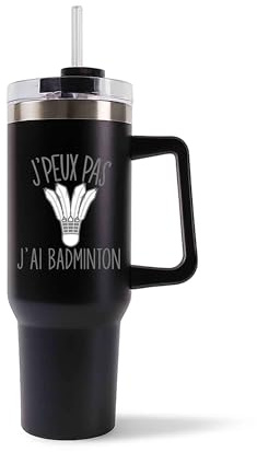 Planetee Mug Isotherme 1,2L - Je peux pas badminton Noir – Bouteille avec Anse, Paille et Couvercle – Idée Cadeau Gourde Personnalisée