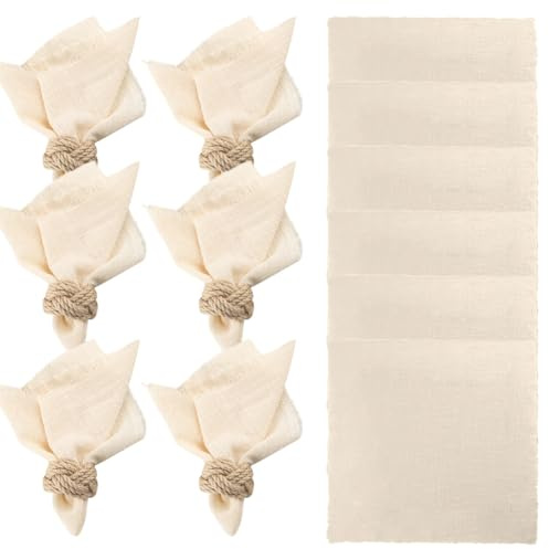 CEWROM Stoffservietten Beige mit Fransen, 12 Stück Stoffservietten Leinenservietten mit 10m Schnur, Baumwolle Tischservietten Stoff für Familienfeiern, Hochzeiten, Geburtstage 42 * 42cm