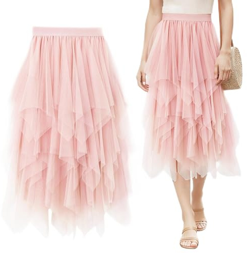 Keyck Donna Gonna Tulle Irregolare Tutu, Lunga Elastica Tulle A-Line Midi, Elegante Casual Gonne Strati Balletto per Carnevale Natale Party Prom