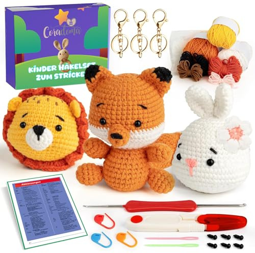 Coradoma Häkelset Nähset für Kinder – Häkeln und Stricken Amigurumi Starterset für Anfänger | Häkelset Tiere Kuscheltier DIY für Kinder und Erwachsene Crochet Kit
