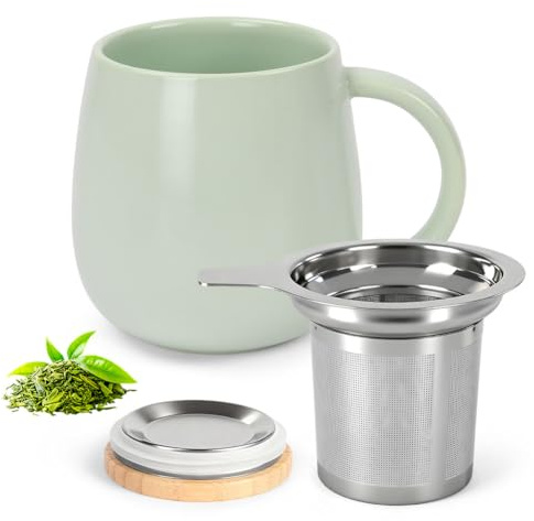 AOOTE Tea Cup with Infuser and Lid, 480ml Large Tea Mug, Ceramic Mug with Wooden Lid and Stainless Steel Infuser for Teas, Coffee, Water, Teas Cup for Office Home Use, Dishwasher Safe, Green