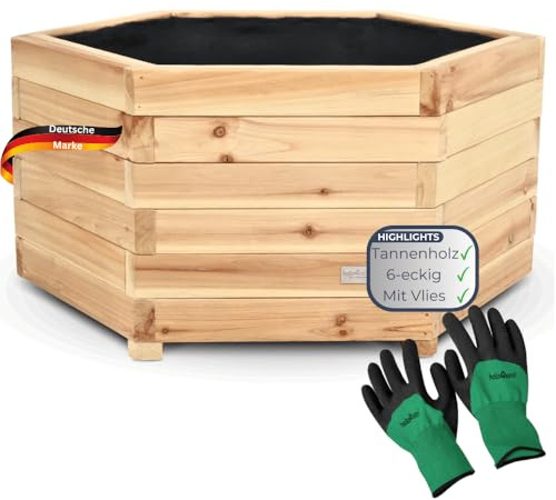 DELUKE Pflanzkasten Holz 6-eckig Micha - Inkl. Vlies und Handschuhe | Pflanzkübel Tannenholz Blumenkasten Blumenkübel Blumentopf Terrasse, 60cm Breit