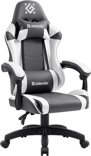 Defender® Gaming Stuhl, Ergonomischer PC Stuhl, bequemer Bürostuhl für Home Office oder Gamer-Sessel, Kopfkissen, Höhenverstellbar, Computerstuhl, Computersessel, Weiss-Grau