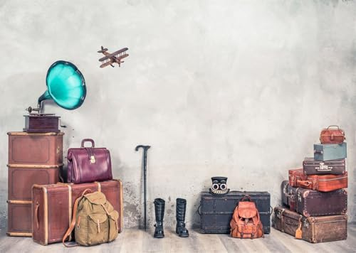 CORFOTO Fabric 1.8x1.2m Vintage Suitcase Backdrop Gramophone & Travel Props Photography Background for Retro Theme Party Decorations Nostalgic Photo Shoot Props