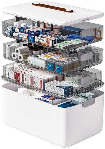 IMHO 4-stöckige Medizin-Organizer-Box, groß, leer, Erste-Hilfe-Kasten mit Griff, tragbarer Aufbewahrungskoffer für Zuhause, Reisen, Auto, Camping, Notfallvorsorge, Kunststoff, Weiß