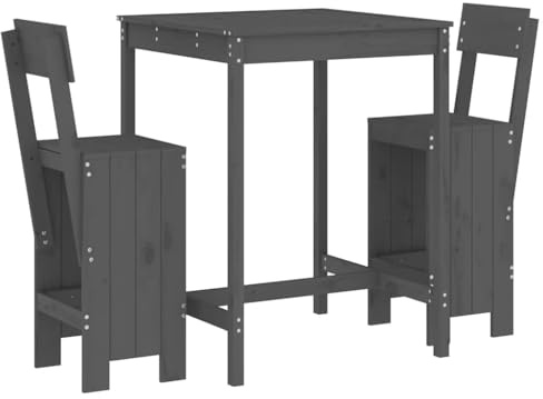 Foknhdi 3-teiliges Gartenbar-Set Grau Massivholz Kiefer 82,5 cm mit 2 Barhockern, robuster Bartisch, platzsparendes Set mit Lehne, Gartenmöbel für Terrasse Camping
