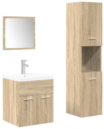 Qnhdfrt 4-TLG Badmöbel Set Sonoma-Eiche Holzwerkstoff mit Waschbecken 42 x 39 x 18 cm & Hochschrank 30 x 30 x 130 cm Moderner Waschtisch für kleine Bäder und Gäste-WC