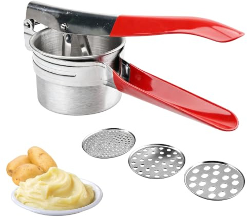 Potatispress, rostfritt stål, spagettiglass, pressa med 3 utbytbara sju potatispress, spätzlepress, handtag med halkfri silikon för potatismos, fruktjuicer och grönsaksgröt