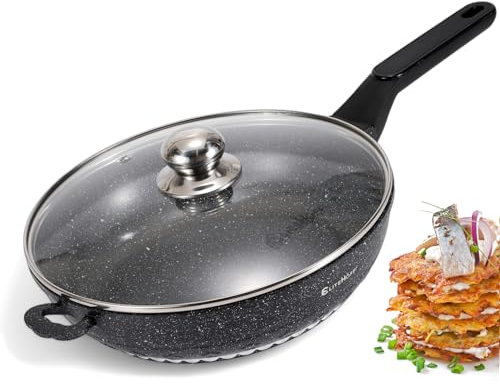 EliteHoff Antihaft Pfanne mit Deckel, Bratpfanne mit Antihaftbeschichtung, Induktionspfanne, Aluminium Bratpfanne mit Marmorbeschichtung für alle Herdarten (Schwarz, 28 cm)