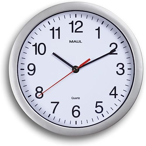 Maul Wanduhr MAULrun Ø 25 cm | stilvolle Quarzuhr | ideal für Wohnzimmer, Schlafzimmer, Küche, Arbeitszimmer und Büro | gut lesbar Dank großen Ziffern | Silber