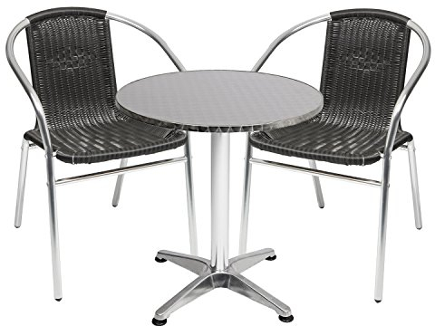 Mojawo® 3-teilig Bistrogarnitur Bistrotisch Aluminium 60x60cm höhenverstellbar H70cm / 110 cm + 2 Stapelstühle Aluminium/Rattan Schwarz