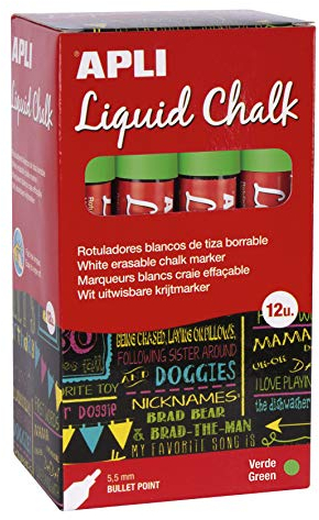 APLI 16903 - Rotuladores de Tiza Borrable, 5,5 mm, Liquid Chalk Punta Redonda, Verde