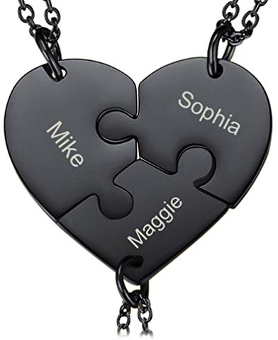 PROSTEEL 3pcs Puzzle-Teile Anhänger Halskette personalisiert schwarz Edelstahl Herz Puzzle Name Gravur Partnerschaftsketten für Schwestern Freundinnen Familien