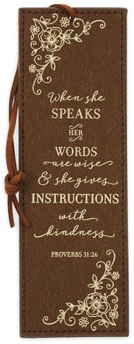 Christian Art Gifts Premium Vegan Faux Leather Scripture Bookmark for Women: When She Speaks - Proverbs 31:26 Inspirational Bible Verse, Heat-Debossed, Faith-Based Reading Accessory with Cord, Brown