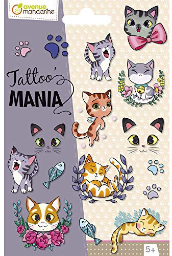 MY MANDARINE CC056C - Packung Kindertattoos / temporäre Tatoos für Kinder, Tattoo´Mania, 1 Bögen 10,5x16 cm mit 15 Tatoos, ab 5 Jahren, Katze, 1 Pack