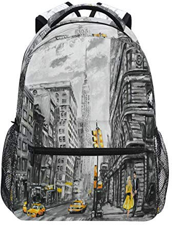 RXYY Man Frau Gelb Taxi New York Ölgemälde Schulrucksack für Jungs Mädchen Groß Kapazität Büchertasche Reise Tasche Schulter Hochschule Tagesrucksäcke Schule Tasche Büchertasche Wandern Camping