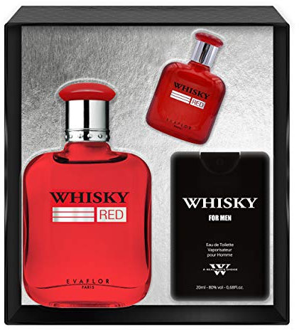 EVAFLORPARIS Whisky Red Coffret pour Homme Eau de Toilette 100 ml + Miniature 7.5 ml + Parfum de Voyage 20 ml Vaporisateur Spray Parfum Homme 127.5 ml