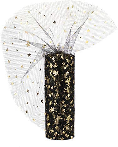 Creativery Tüll Stoff 9m x 15cm Sterne schwarz/Gold Rolle transparent zum Basteln von Tüllröcken und Kostümen